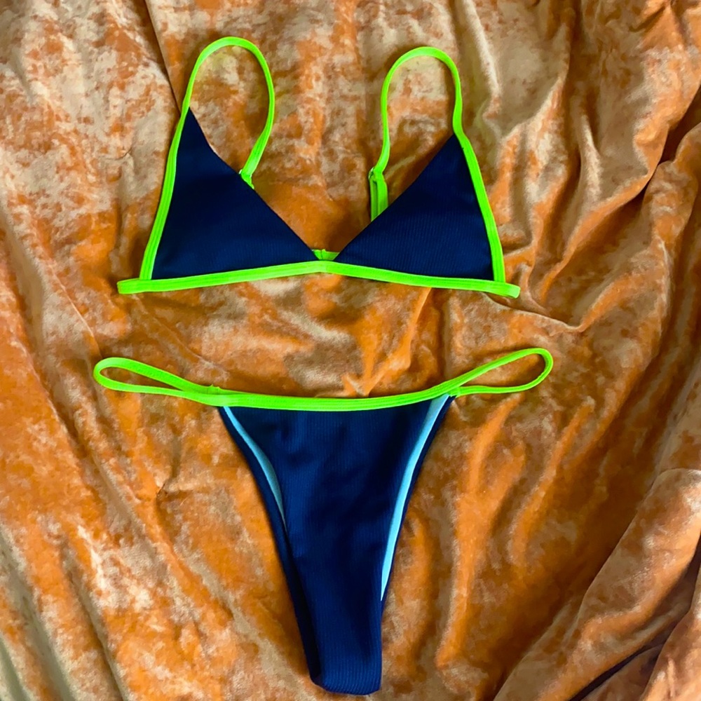 Dark Blue & Neon Green Thin Strap Bikini